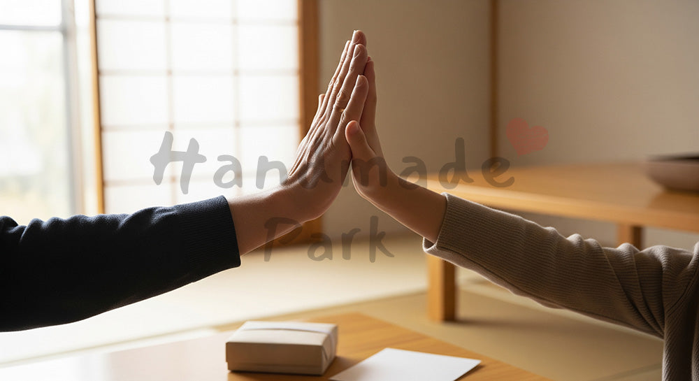 フリー素材 無料 写真｜父の日向け ハイタッチとギフト 手元中心｜ショップ告知・販促向け
