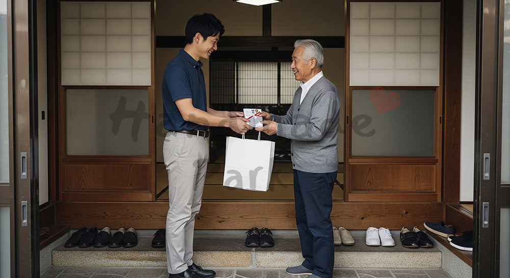 フリー素材 無料 写真|父の日 帰省の手土産とギフト シーン|メッセージ画像に合わせやすい
