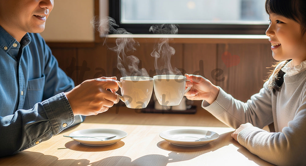 フリー素材 無料 写真|父の日 カフェでコーヒー乾杯 手元中心|LP・バナーに使いやすい