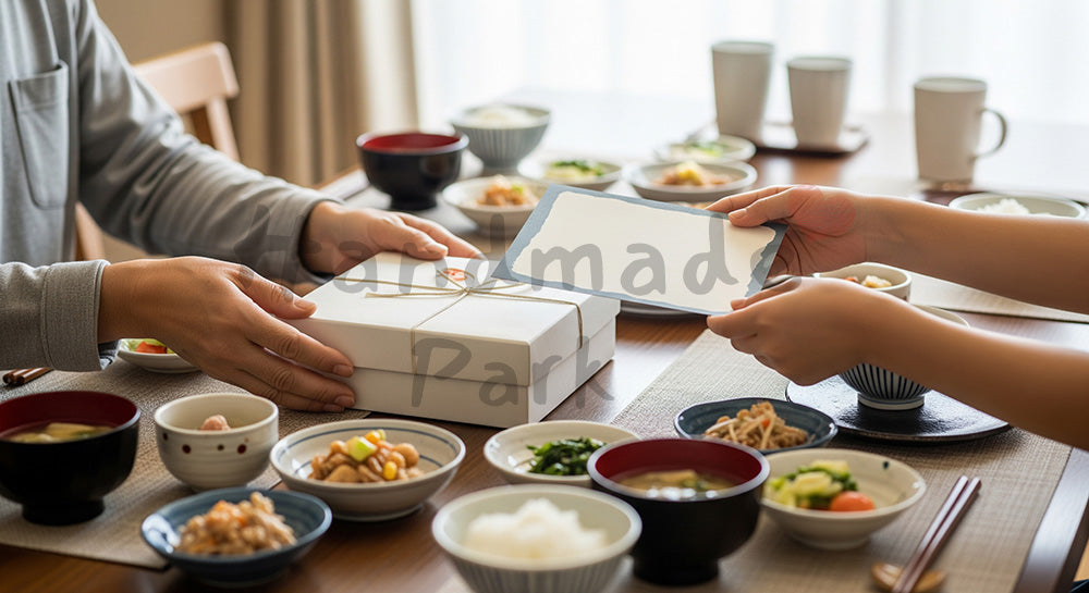 フリー素材 無料 写真｜父の日 食卓にギフトを添える家庭のシーン｜ギフト訴求に使いやすい