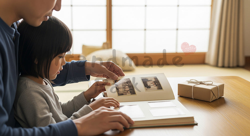 フリー素材 無料 写真｜父の日 思い出を振り返る手元とギフト｜メッセージ画像に合わせやすい