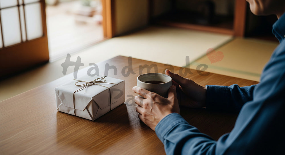 フリー素材 無料 写真｜父の日 デスクに置いたマグとギフト（手元）｜プレゼント特集の見出しに