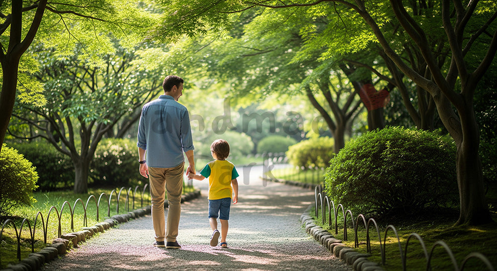 フリー素材 無料 写真｜父の日向け 公園で散歩する親子（後ろ姿）｜SNS投稿のアイキャッチ向け
