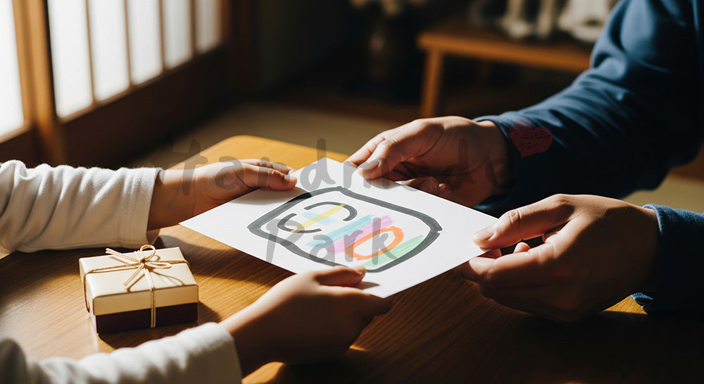フリー素材 無料 写真｜父の日 手作り風の絵を渡す手元（文字なし）｜SNS投稿のアイキャッチ向け