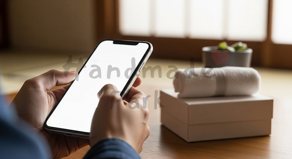 フリー素材 無料 写真｜父の日向け スマホでギフトを選ぶ手元｜プレゼント特集の見出しに