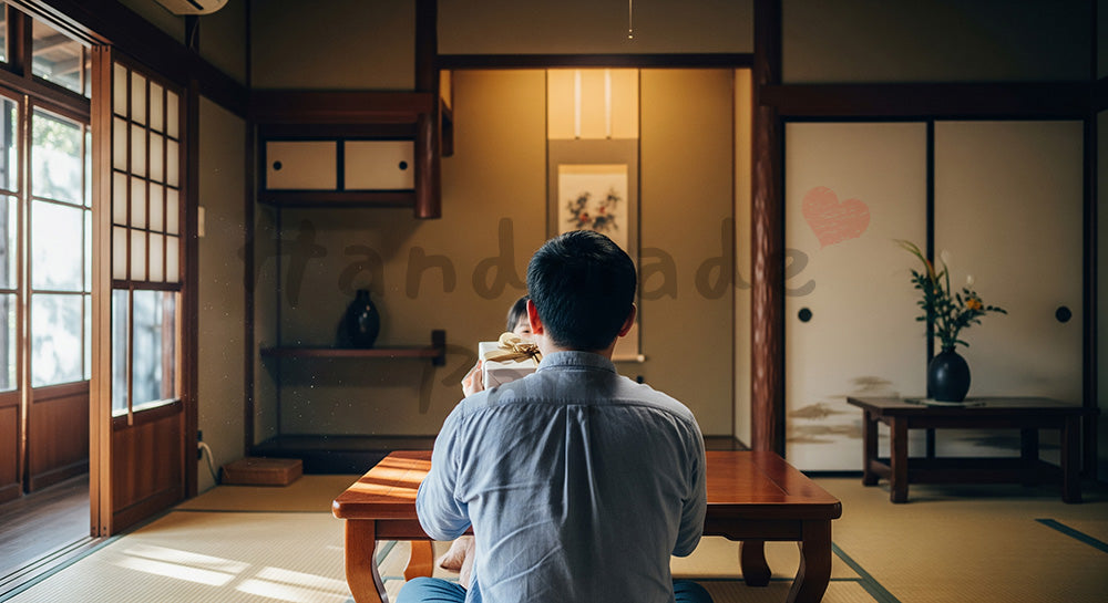 フリー素材 無料 写真｜父の日向け 背中越しに渡すギフト（顔なし）｜ギフト訴求に使いやすい