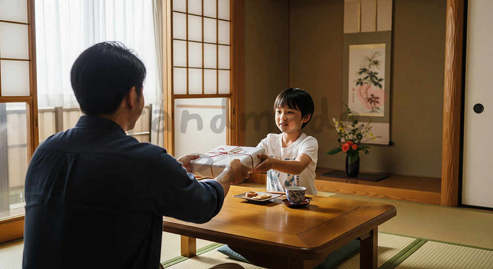 フリー素材 無料 写真｜父の日 背中越しに渡すギフト（顔なし）｜ショップ告知・販促向け