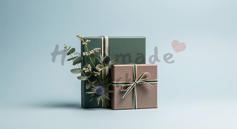 フリー素材 無料 写真｜父の日 ブルー背景の上品ギフト静物（花添え）｜プレゼント特集の見出しに