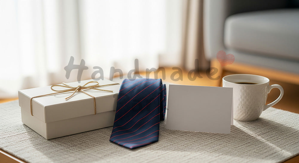 フリー素材 無料 写真｜父の日 ローテーブルに揃えたギフト一式（人物なし） シーン｜ギフト訴求に使いやすい
