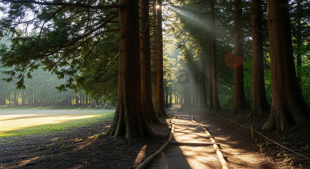 フリー素材 無料 写真｜日本の針葉樹林の遊歩道 朝の木漏れ日が差し込む静かな森 余白あり LPや資料背景向け｜資料・LPの背景に使いやすい