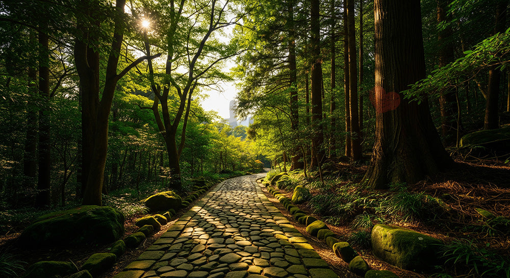 フリー素材 無料 写真｜日本の森の石畳風小道 木漏れ日と整った道が美しい資料背景向け風景｜スライド背景として使える