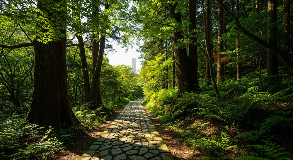 フリー素材 無料 写真｜日本の森の石畳風遊歩道 木漏れ日と整った道が美しい資料背景向け風景｜スライド背景として使える