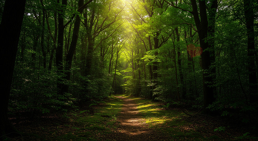 フリー素材 無料 写真｜新緑の日本の森の道 春のやわらかな光と緑が映えるデザイン向け風景｜Webデザインの挿し絵に便利
