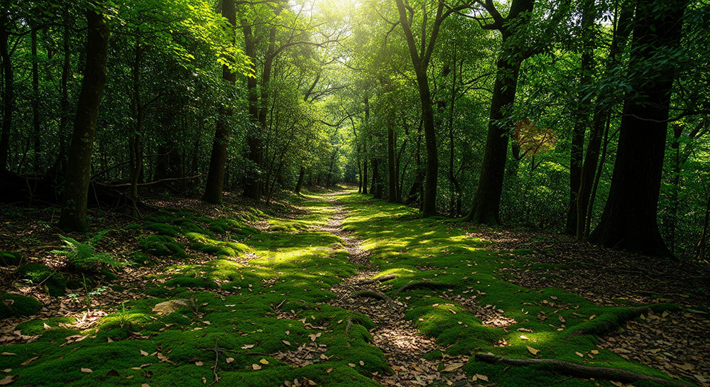 フリー素材 無料 写真｜新緑の日本の森の道 春のやわらかな光と緑が映えるデザイン向け風景｜スライド背景として使える