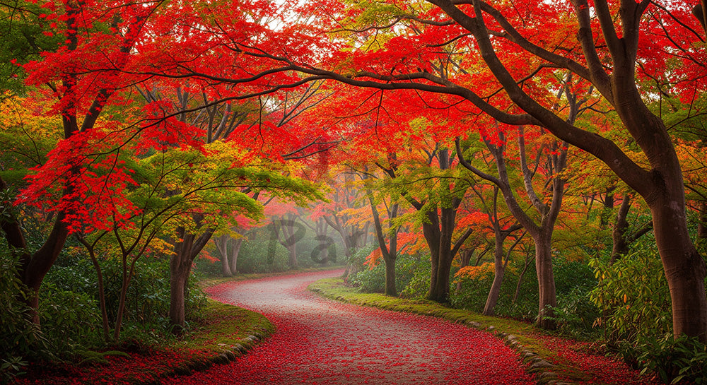 フリー素材 無料 写真｜紅葉の日本の森 小道と暖色の葉が美しい資料やバナー向け風景素材｜文字入れしやすい自然背景