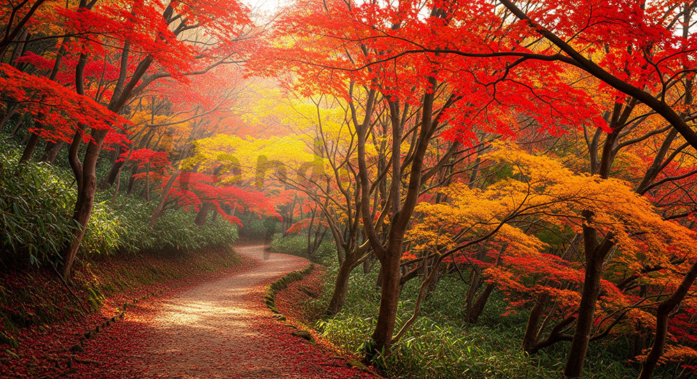 フリー素材 無料 写真｜紅葉の日本の森 遊歩道と暖色の葉が美しい資料やバナー向け風景素材｜資料・LPの背景に使いやすい