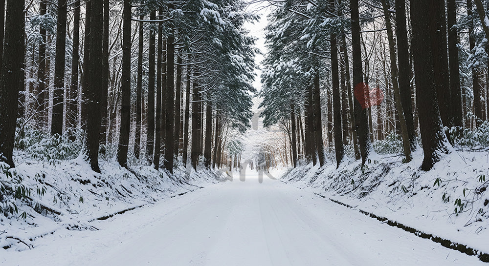フリー素材 無料 写真|日本の冬の日本の林道 うっすら雪が積もる静かな森の資料向け横長風景|Webデザインの挿し絵に便利
