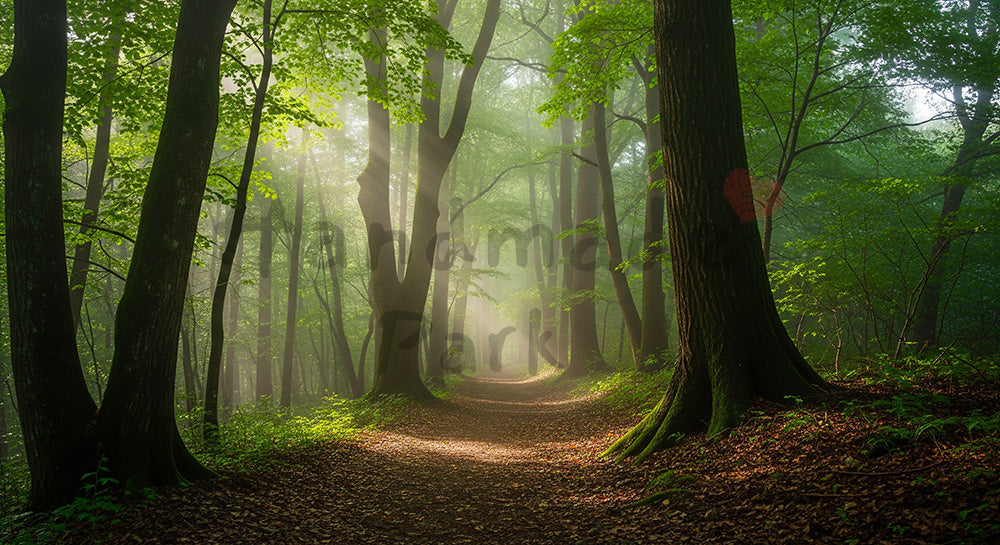 フリー素材 無料 写真｜日本の薄霧の日本の林に続く道 実景資料にも使いやすい静かな森林風景｜スライド背景として使える