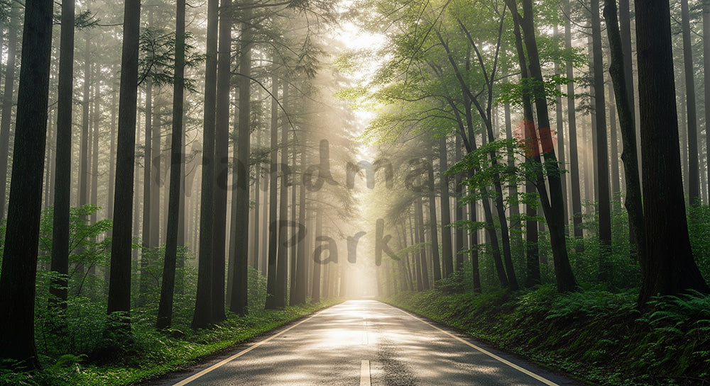 フリー素材 無料 写真|日本のまっすぐな車道が森を貫く日本の風景 構図が整った資料向け森林素材|文字入れしやすい自然背景
