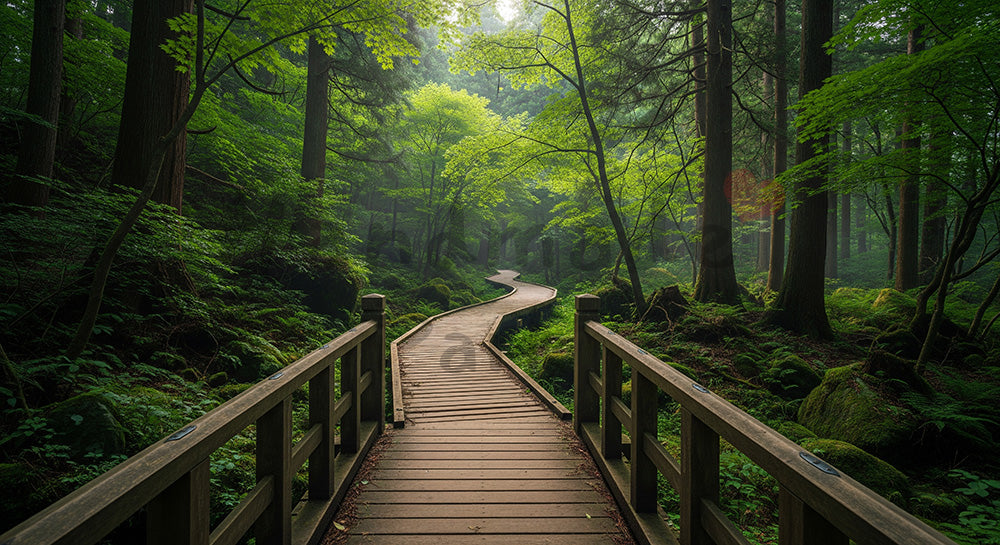 フリー素材 無料 写真｜木橋から続く日本の森の小道 奥行きが美しいデザイン向け自然風景｜スライド背景として使える