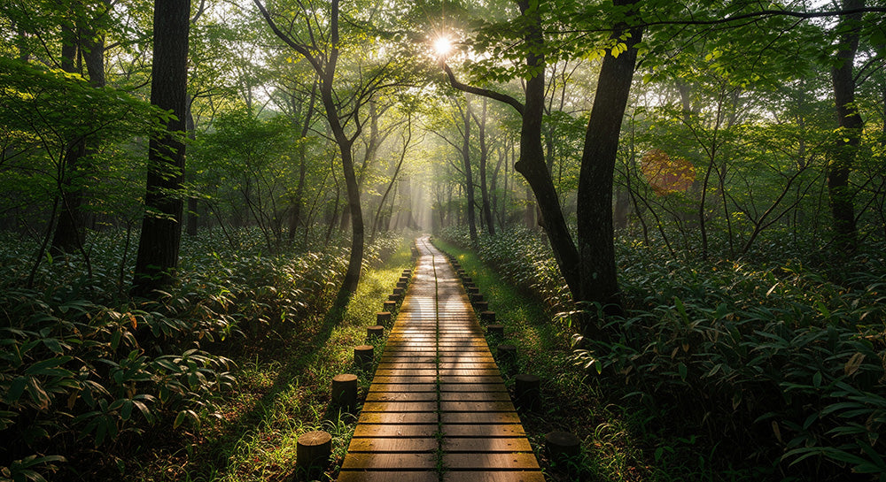 フリー素材 無料 写真｜日本の木道に木漏れ日が落ちる日本の森 中央構図で資料に使いやすい風景素材｜Webデザインの挿し絵に便利