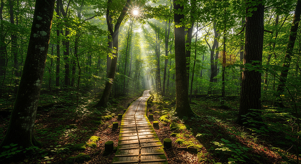 フリー素材 無料 写真｜木道に木漏れ日が落ちる日本の森 中央構図で資料に使いやすい風景素材｜スライド背景として使える