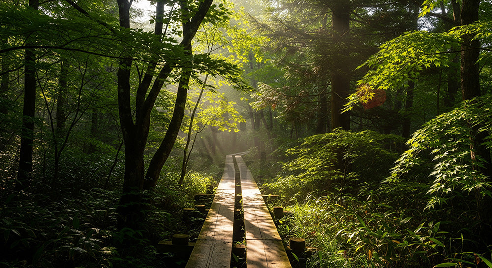 フリー素材 無料 写真｜木道に木漏れ日が落ちる日本の森 中央構図で資料に使いやすい風景素材｜文字入れしやすい自然背景