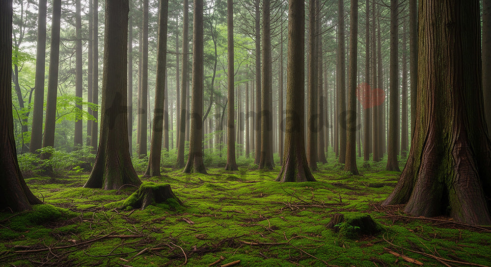 フリー素材 無料 写真｜苔むした日本の森 しっとりした空気感と木立が印象的な資料向け風景｜スライド背景として使える