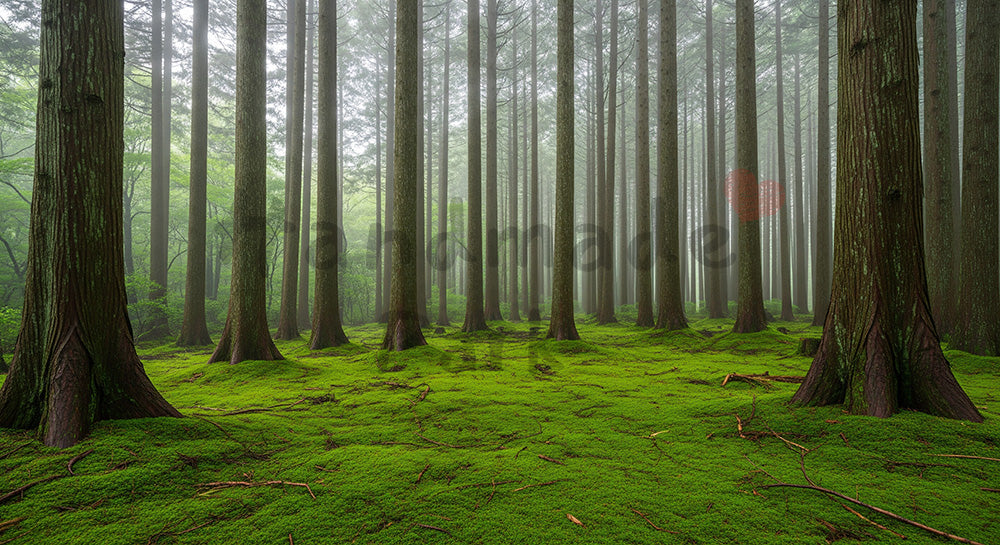 フリー素材 無料 写真｜日本の苔むした日本の森 しっとりした空気感と木立が印象的な資料向け風景｜文字入れしやすい自然背景