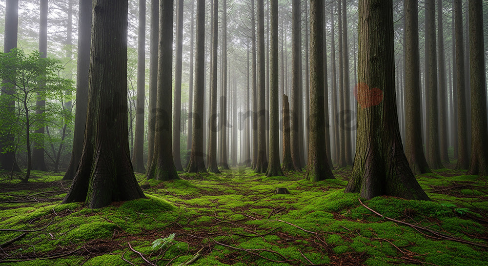 フリー素材 無料 写真｜苔むした日本の森 しっとりした空気感と木立が印象的な資料向け風景｜資料・LPの背景に使いやすい