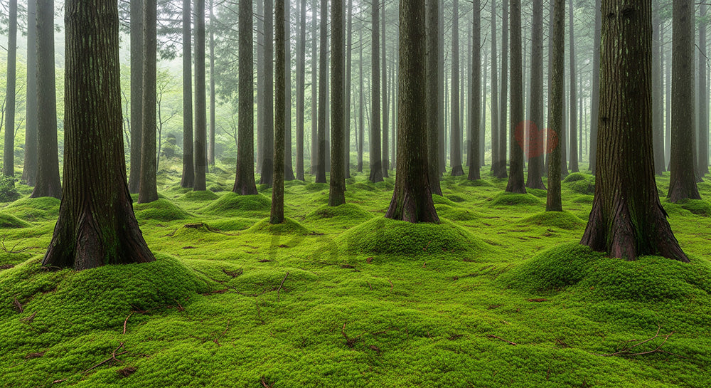 フリー素材 無料 写真｜苔むした日本の森 しっとりした空気感と木立が印象的な資料向け風景｜Webデザインの挿し絵に便利