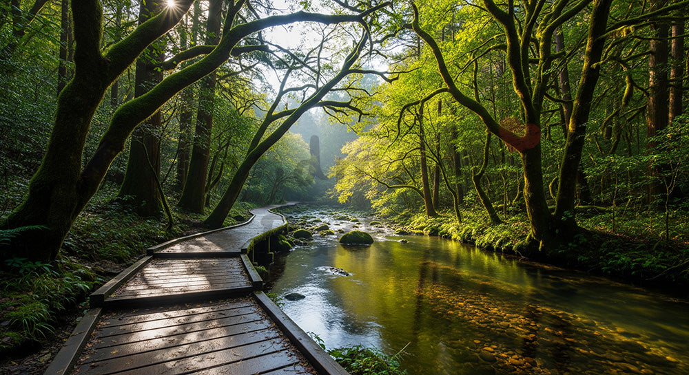 フリー素材 無料 写真｜日本の小川沿いの日本の森の遊歩道 水辺の反射が美しい背景向け風景素材｜文字入れしやすい自然背景