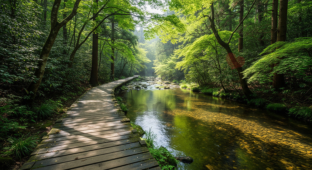 フリー素材 無料 写真|小川沿いの日本の森の小道 水辺の反射が美しい背景向け風景素材|Webデザインの挿し絵に便利