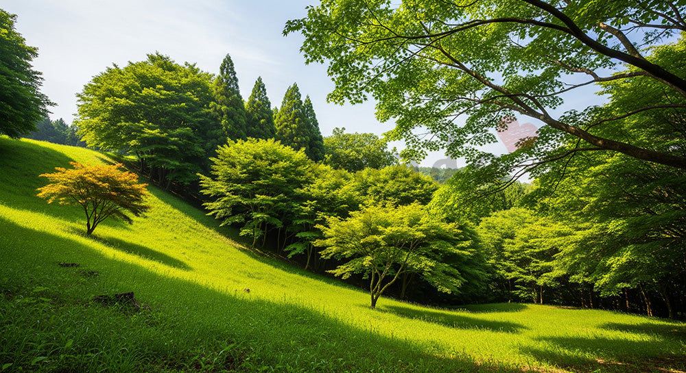 フリー素材 無料 写真｜日本の森の端の緑の斜面 日本らしい自然の広がりを感じる背景向け風景素材｜文字入れしやすい自然背景