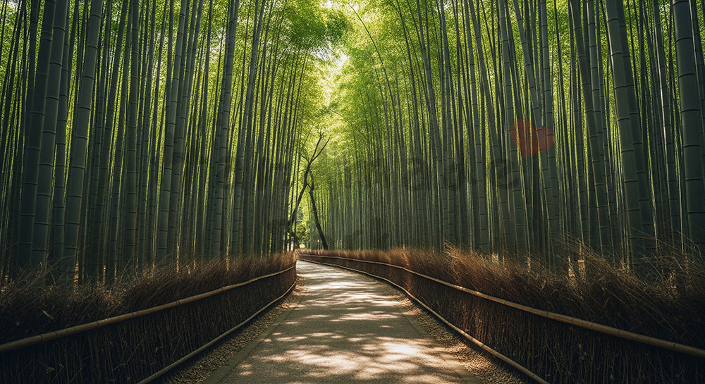 フリー素材 無料 写真｜日本の竹林の小道 柔らかな光と整然とした緑が美しい背景向け風景素材｜文字入れしやすい自然背景