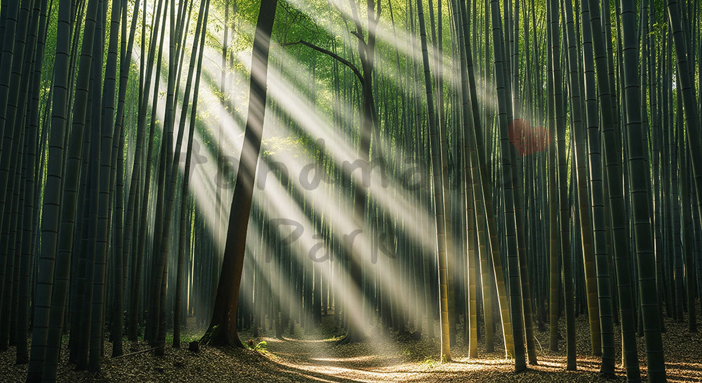 フリー素材 無料 写真｜朝の光が差し込む日本の竹林 抜け感のある資料背景向け自然風景｜文字入れしやすい自然背景