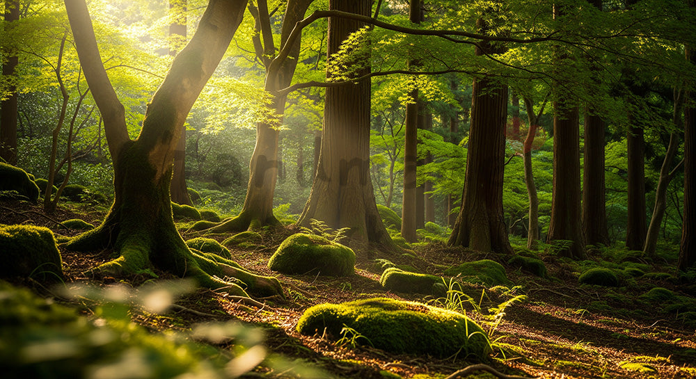 フリー素材 無料 写真｜見上げた日本の森の木々 光が差す緑の天井が美しい背景向け風景素材｜文字入れしやすい自然背景