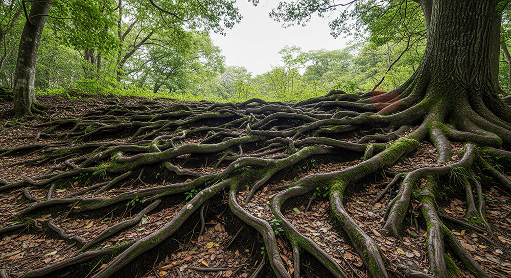 フリー素材 無料 写真｜日本の木の根が広がる日本の森 自然の力強さを伝える背景向け風景素材｜文字入れしやすい自然背景