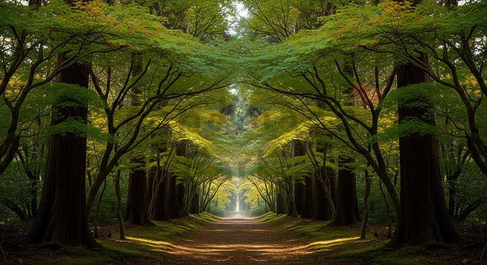 フリー素材 無料 写真｜手前に余白を大きく取った日本の林 デザイナーが使いやすいミニマル背景素材｜スライド背景として使える