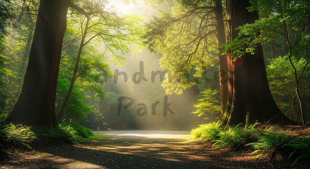 フリー素材 無料 写真|左右対称に近い木立と中央の道が美しい日本の森の背景向け風景素材|文字入れしやすい自然背景