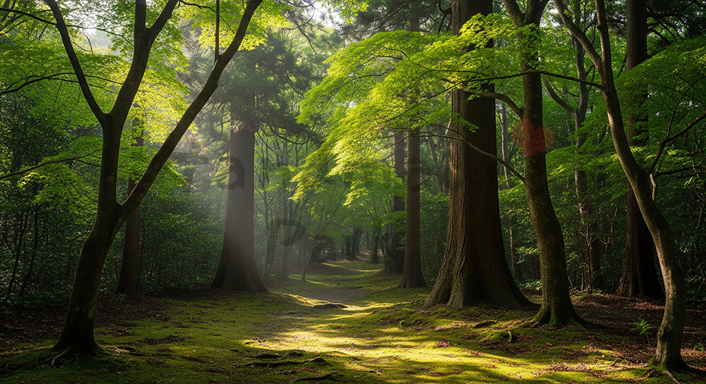フリー素材 無料 写真｜左右対称に近い木立と中央の道が美しい日本の森の背景向け風景素材｜Webデザインの挿し絵に便利