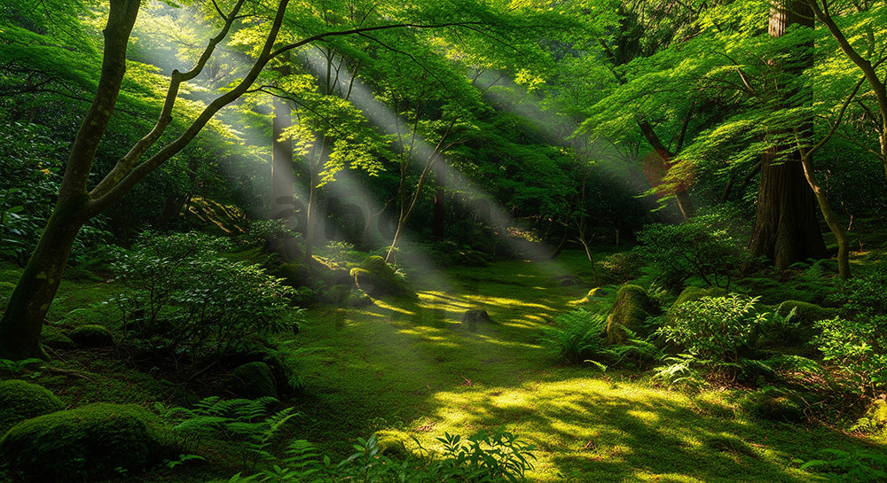 フリー素材 無料 写真｜斜光が入る日本の森の開けた場所 緑の階調が美しい背景向け風景素材｜文字入れしやすい自然背景