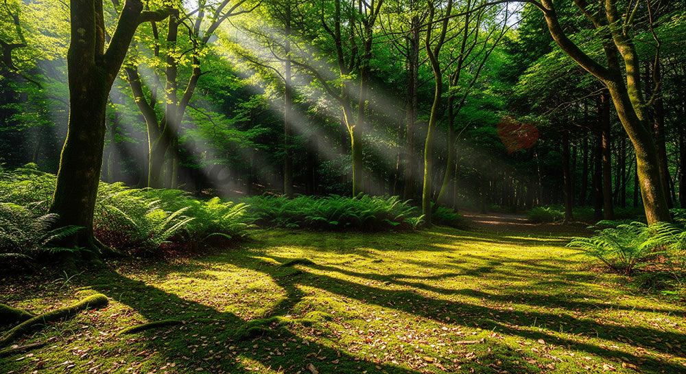 フリー素材 無料 写真｜斜光が入る日本の森の開けた場所 緑の階調が美しい背景向け風景素材｜スライド背景として使える