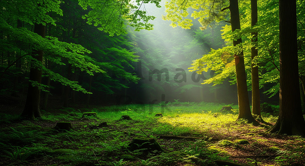 フリー素材 無料 写真｜日本の斜光が入る日本の森の開けた場所 緑の階調が美しい背景向け風景素材｜文字入れしやすい自然背景