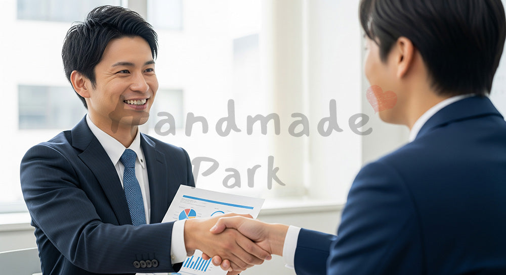 フリー素材 無料 写真｜採用・企業サイト向け 日本人法人営業が会議室で提案し握手する信頼感ある写真｜記事・スライドの差し込みに