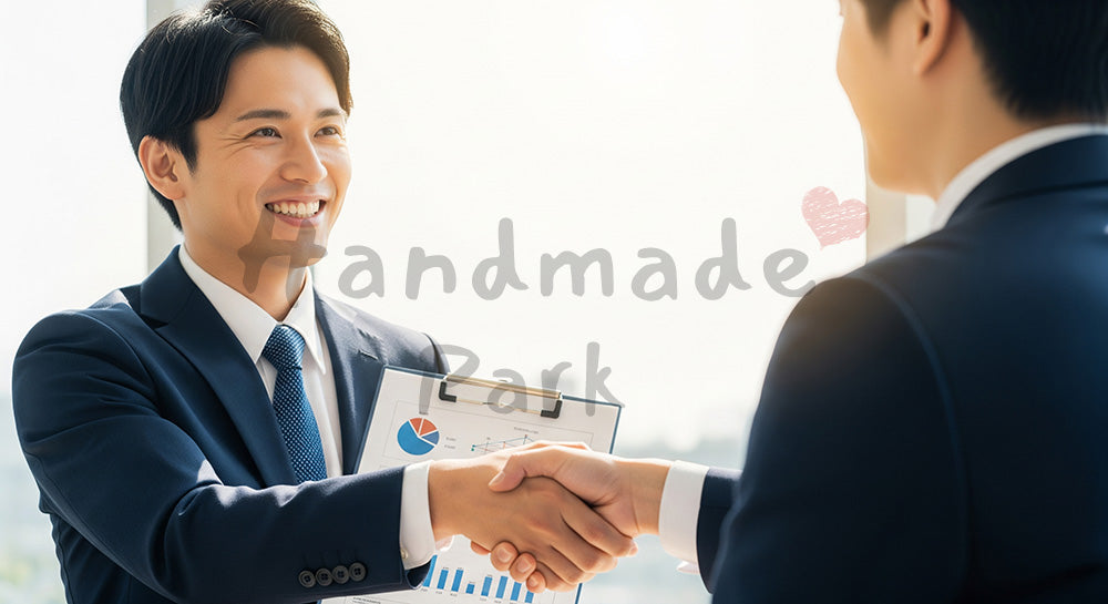 フリー素材 無料 写真｜採用・企業サイト向け 日本人法人営業が会議室で提案し握手する信頼感ある写真 シーン｜LP・バナーに使いやすい