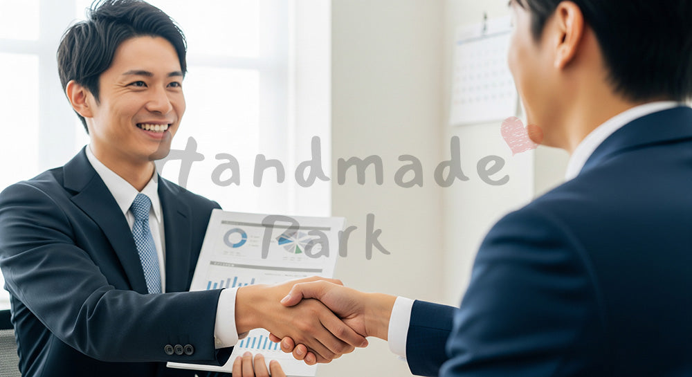 フリー素材 無料 写真｜採用・企業サイト向け 日本人法人営業が会議室で提案し握手する信頼感ある写真｜SNS投稿のアイキャッチ画像向け