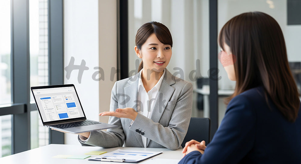 フリー素材 無料 写真|採用向け 日本人女性営業がノートPCで提案説明する爽やかなオフィス写真 シーン|LP・バナーに使いやすい