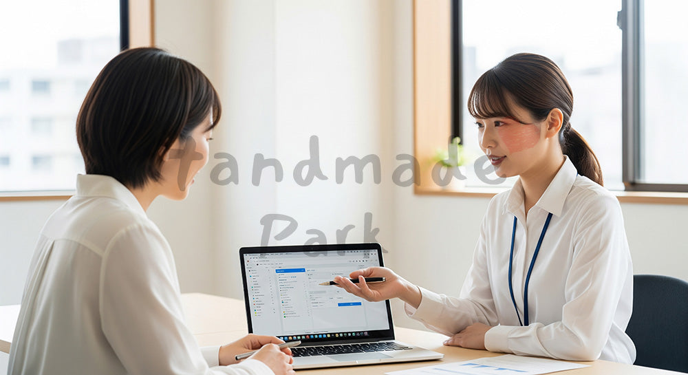 フリー素材 無料 写真｜採用向け 日本人女性営業がノートPCで提案説明する爽やかなオフィス写真｜特集ページの見出しに便利