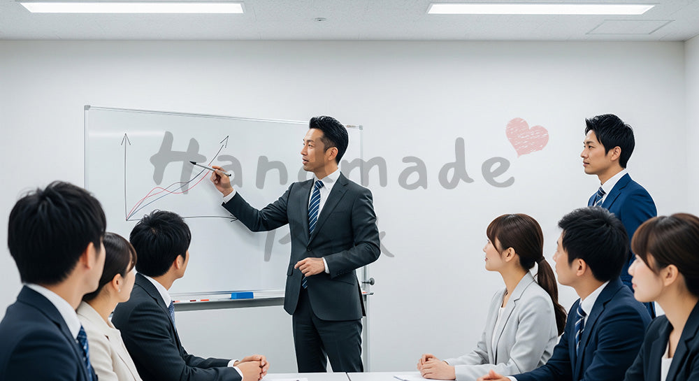フリー素材 無料 写真｜企業研修・採用向け 日本人営業がホワイトボードで提案を説明する会議室写真｜記事・スライドの差し込みに